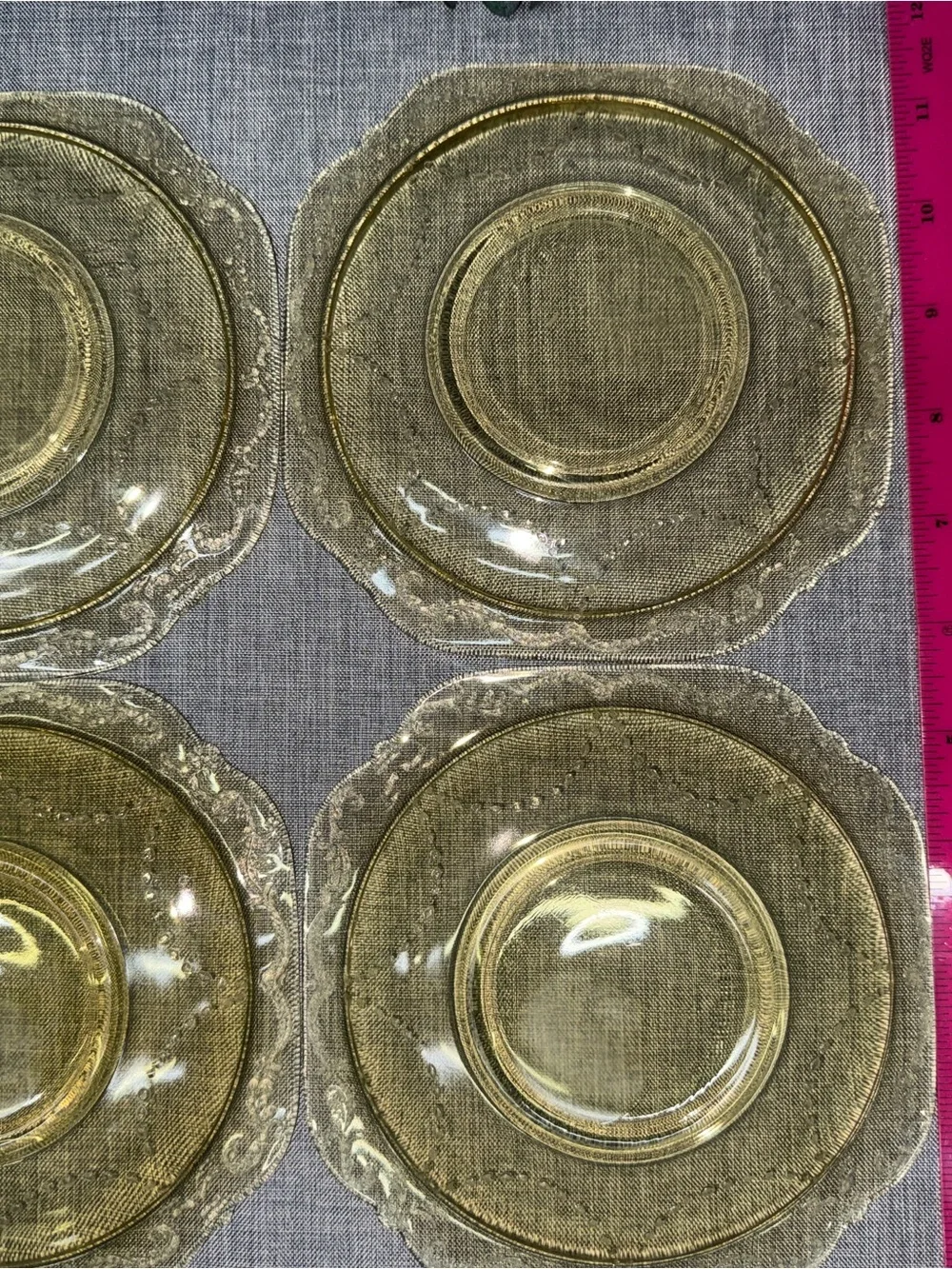 Set of 4 Vintage Amber Depression Glass Saucers Scroll Border Square